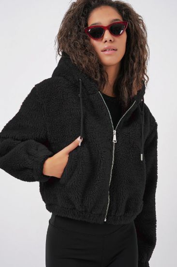 5193 Kapüşonlu Peluş Crop Ceket - Siyah resmi